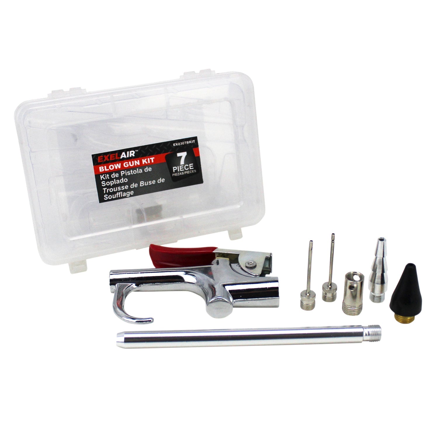 EXELAIR® Blow Gun and Air Accessory Kit - Safey Adapter, Nozzle Tips, Inflator Needles, and 5