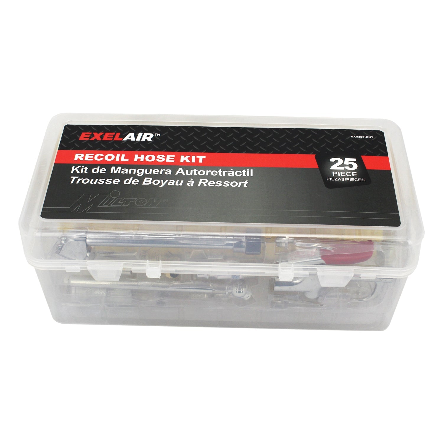 EXELAIR® Recoil Hose and Air Accessory Kit - 25' Recoil Hose, Blow Gun, 2 Chucks, Pencil Gauge, M-STYLE® Couplers/Plugs, Safety Adapter, Nozzle Tips, Inflator Needle, Hex Nipples/Couplings, and Thread Tape - 150 Max PSI (25-Piece)