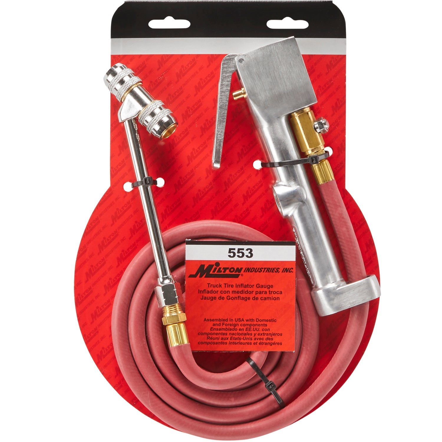 Heavy-Duty Truck Tire Inflator Gauge w/5' Air Hose, Dual Head Chuck, Full Swivel, 1/4