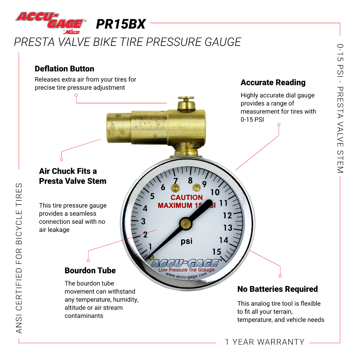 ACCU-GAGE® by Milton® Presta Valve Bike Tire Pressure Gauge with Bleeder Valve, for 0-15 PSI - ANSI Certified