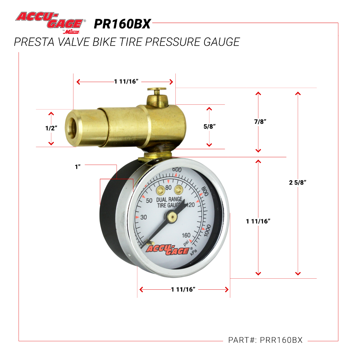 ACCU-GAGE® by Milton® Presta Valve Bike Tire Pressure Gauge with Bleeder Valve, for 0-160 PSI - ANSI Certified