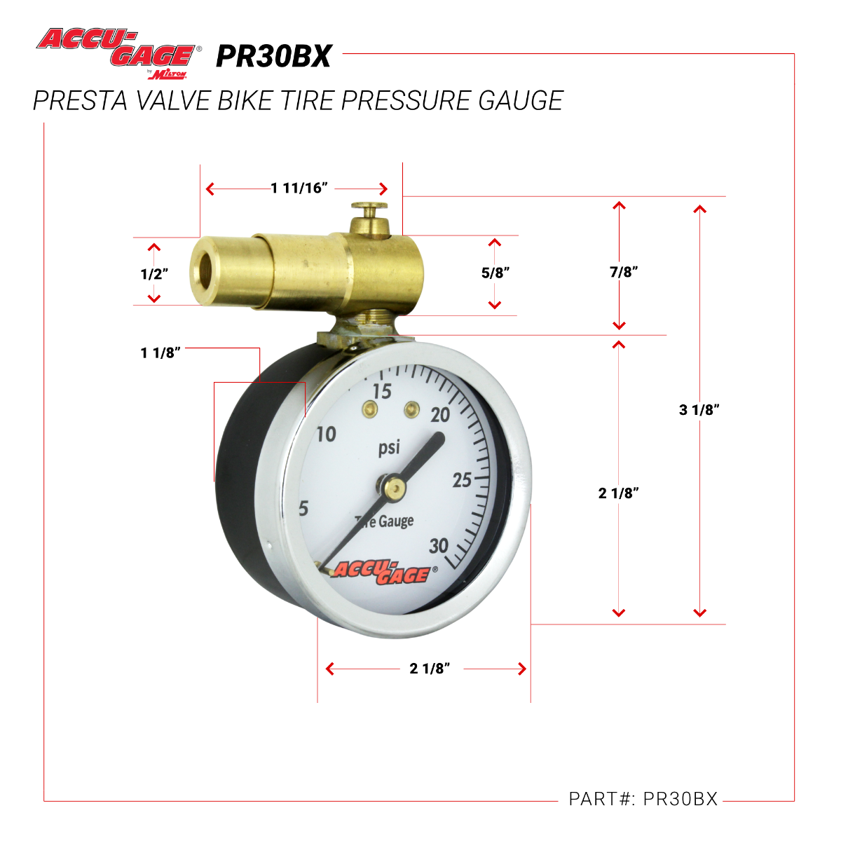 ACCU-GAGE® by Milton® Presta Valve Bike Tire Pressure Gauge with Bleeder Valve, for 0-30 PSI - ANSI Certified