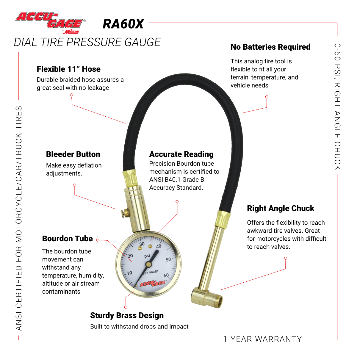 ACCU-GAGE® by Milton® Dial Tire Pressure Gauge w/ Right Angle Air Chuck and 11