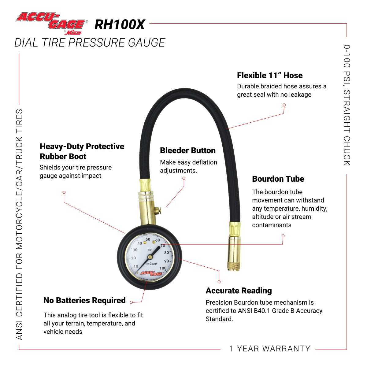 ACCU-GAGE® by Milton® Dial Tire Pressure Gauge with Straight Air Chuck and 11 in. Braided Hose - ANSI Certified for Motorcycle/Car/Truck Tires (0-100 PSI)