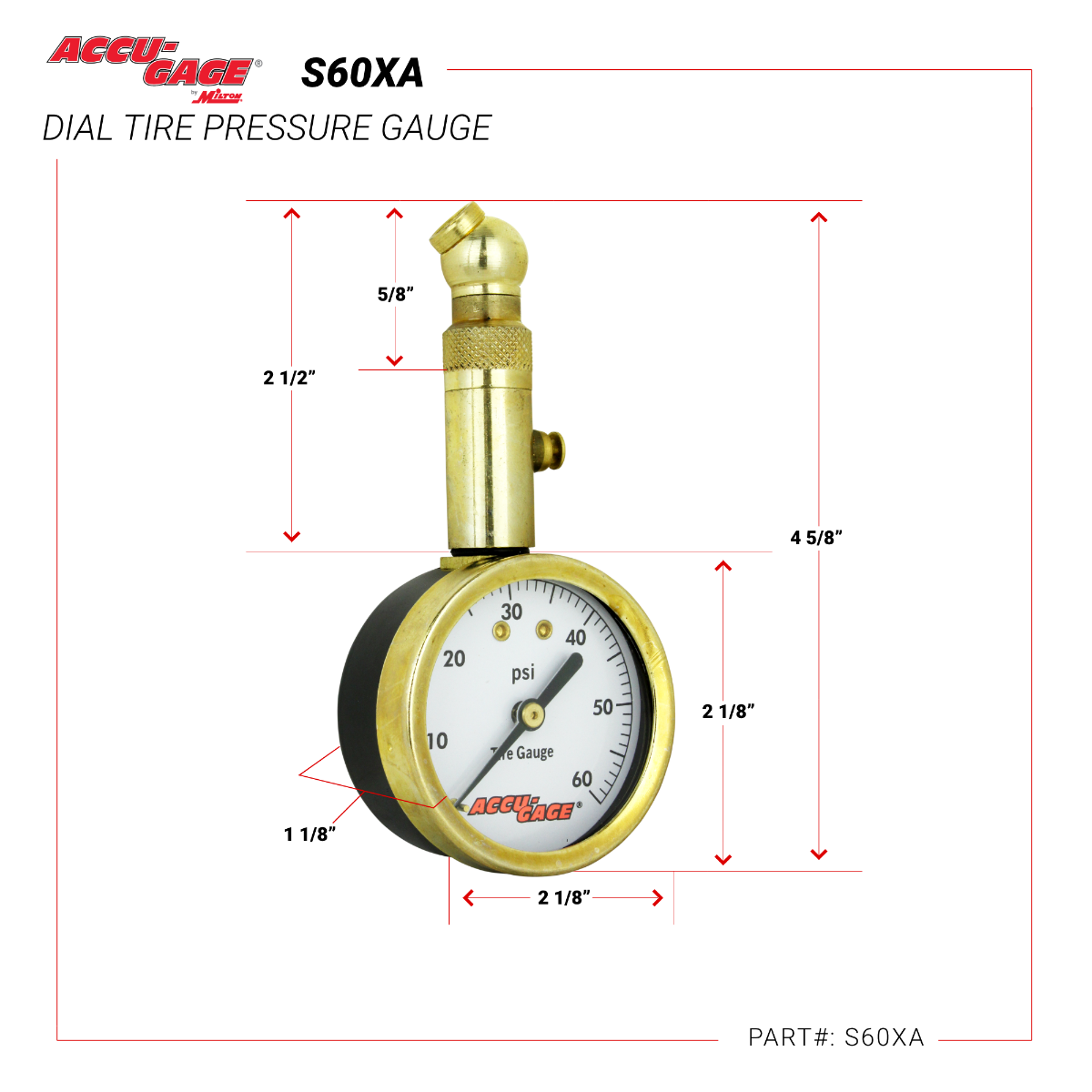 ACCU-GAGE® by Milton® Dial Tire Pressure Gauge with Swivel Angle Air Chuck - ANSI Certified for Motorcycle/Car/Truck Tires (0-60 PSI)