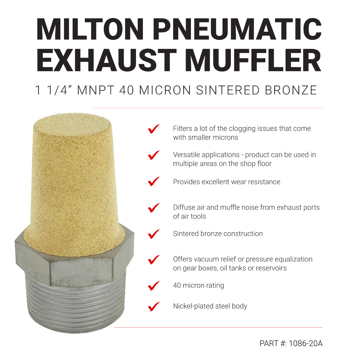 Pneumatic Exhaust Muffler, 1 1/4” MNPT 40 Micron Sintered Bronze Silencer/Diffuse air & Noise Reducer