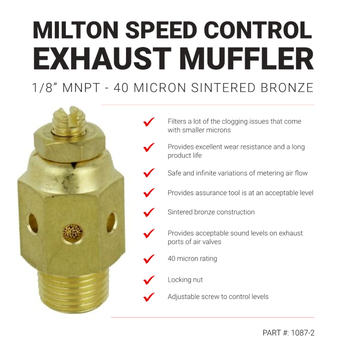 Speed Control Exhaust Muffler, 1/8” MNPT - 40 Micron Sintered Bronze Silencer/Diffuse Air & Noise Reducer