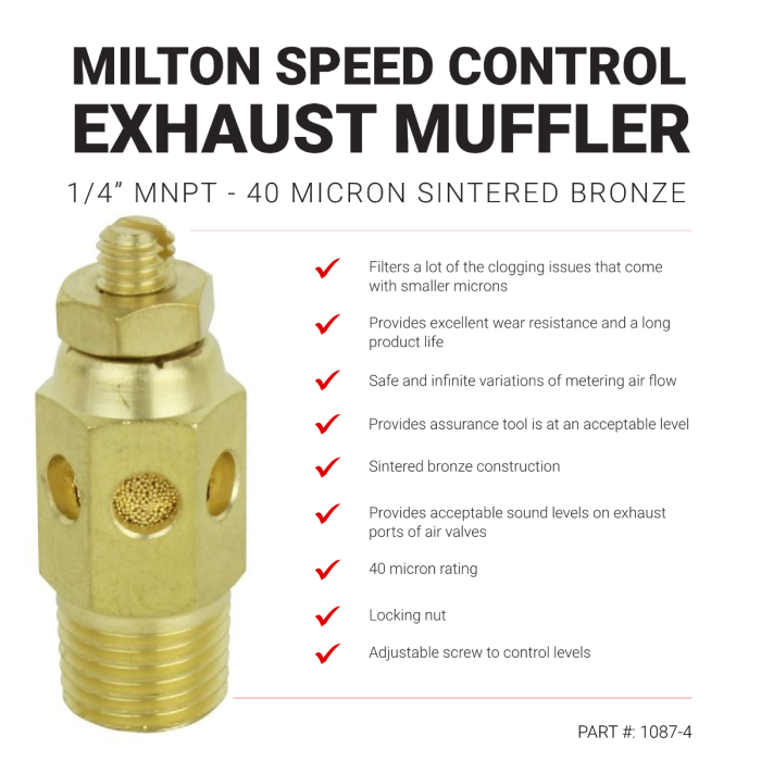 Speed Control Exhaust Muffler, 1/4” MNPT - 40 Micron Sintered Bronze Silencer/Diffuse Air & Noise Reducer