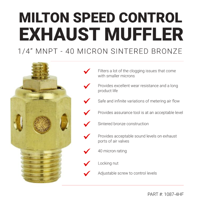 High Volume Speed Control Exhaust Muffler, 1/4” MNPT - 40 Micron Sintered Bronze Silencer/Diffuse Air & Noise Reducer