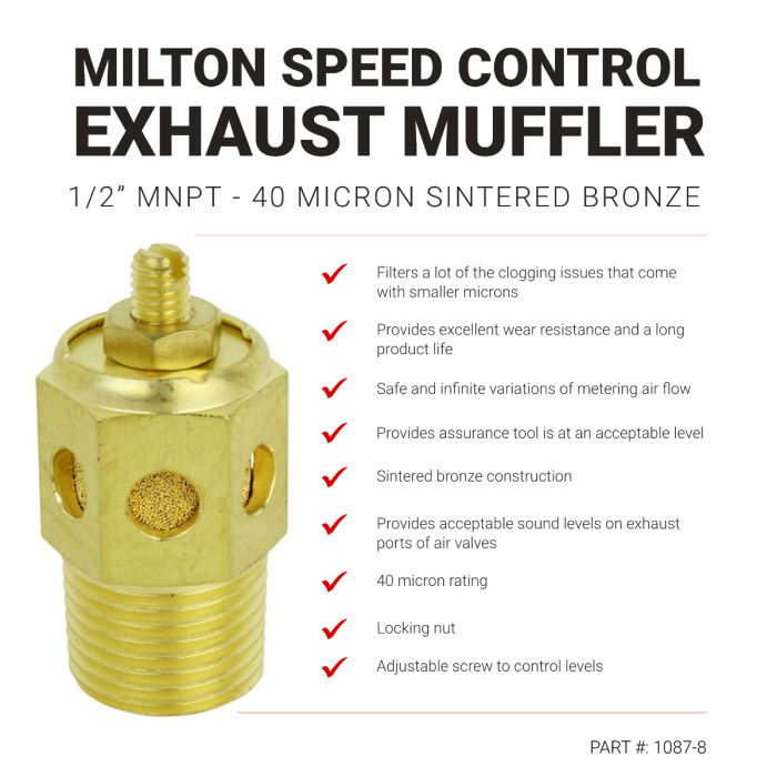 Speed Control Exhaust Muffler, 1/2” MNPT - 40 Micron Sintered Bronze Silencer/Diffuse Air & Noise Reducer