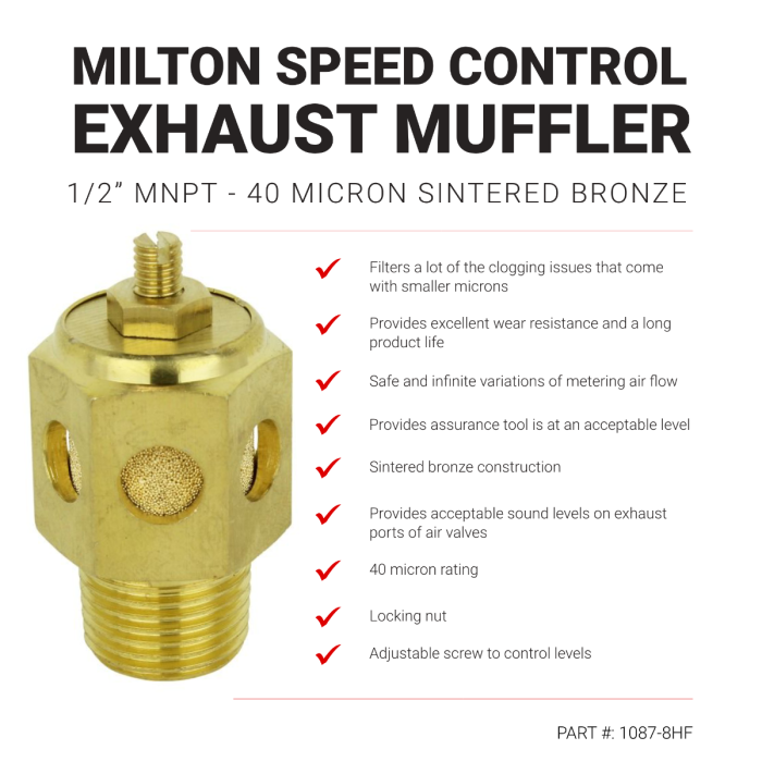 High Volume Speed Control Exhaust Muffler, 1/2” MNPT - 40 Micron Sintered Bronze Silencer/Diffuse Air & Noise Reducer