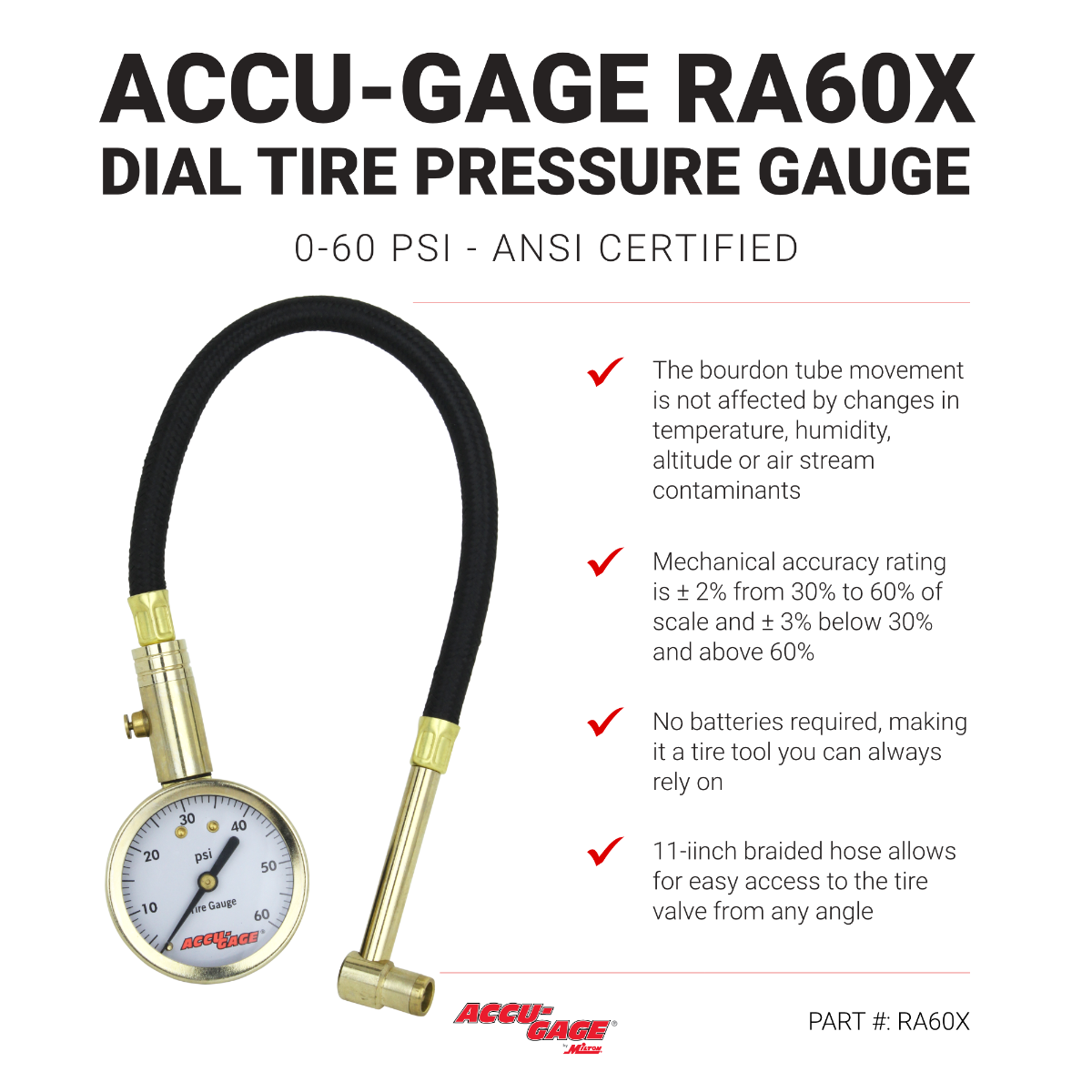 ACCU-GAGE® by Milton® Dial Tire Pressure Gauge w/ Right Angle Air Chuck and 11