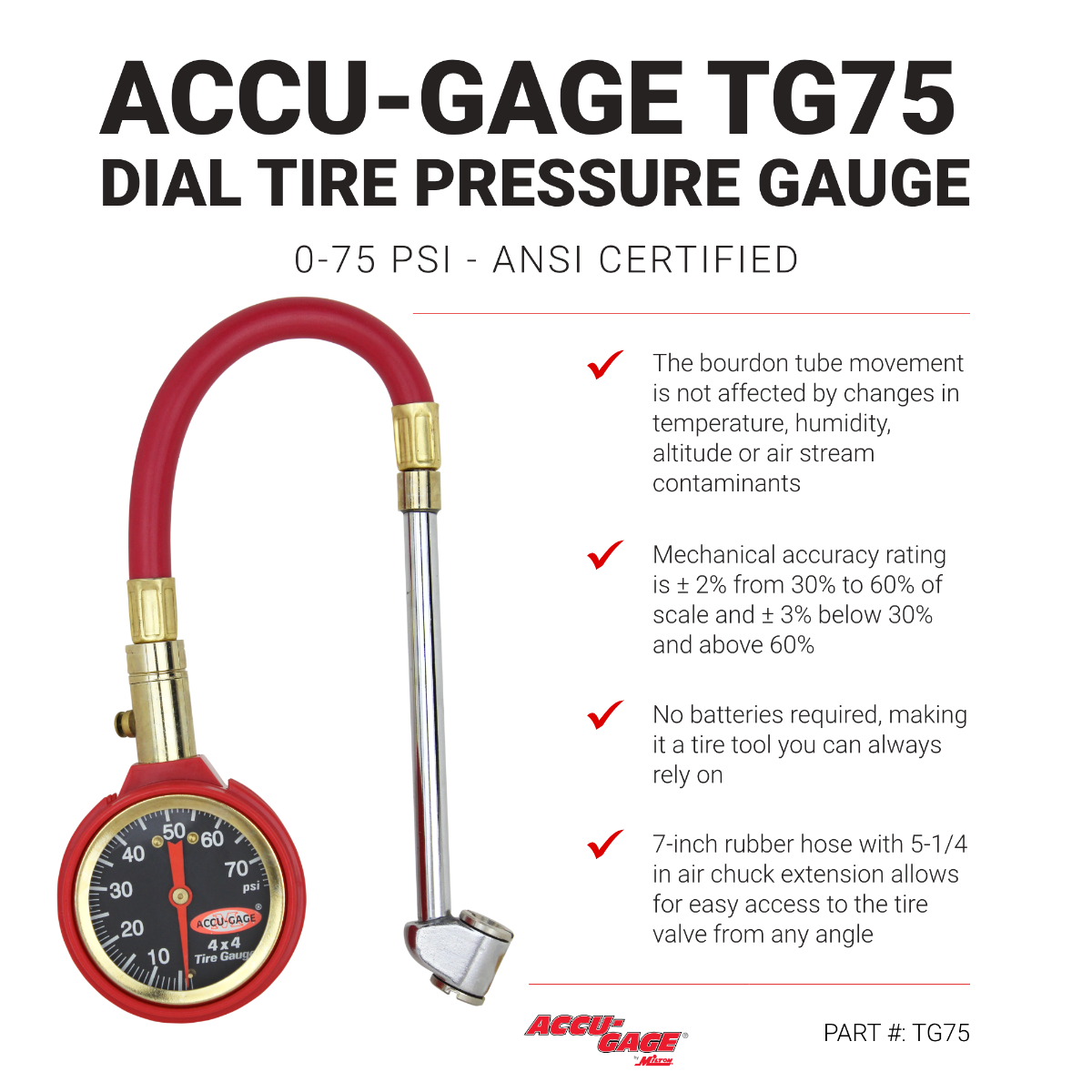 ACCU-GAGE® by Milton® Dial Tire Pressure Gauge with Dual Foot Air Chuck and 11 in. Rubber Hose - ANSI Certified for Motorcycle/Car/Truck Tires (0-75 PSI)