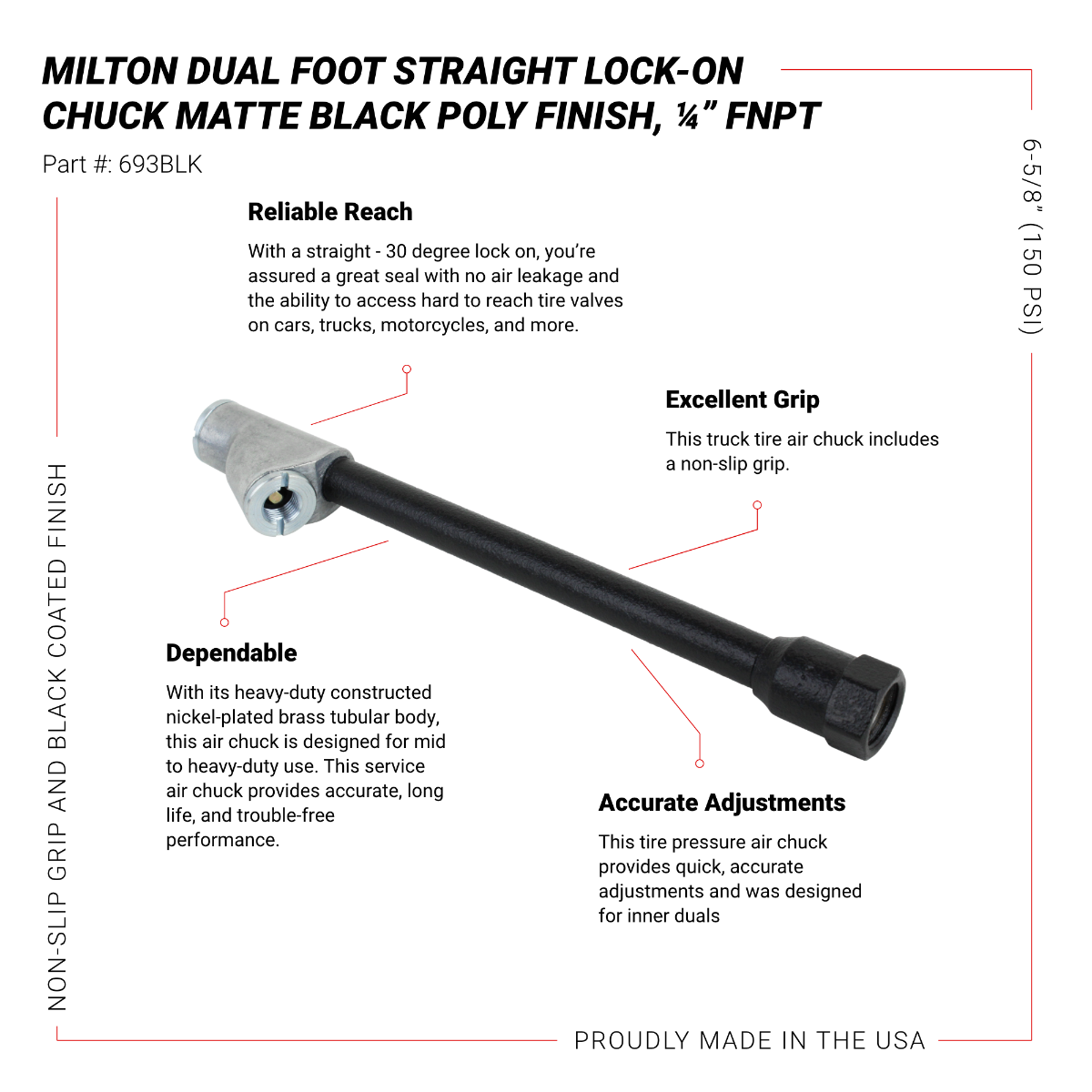 Dual Foot Straight Lock-On Chuck Matte Black Poly Finish, 1/4