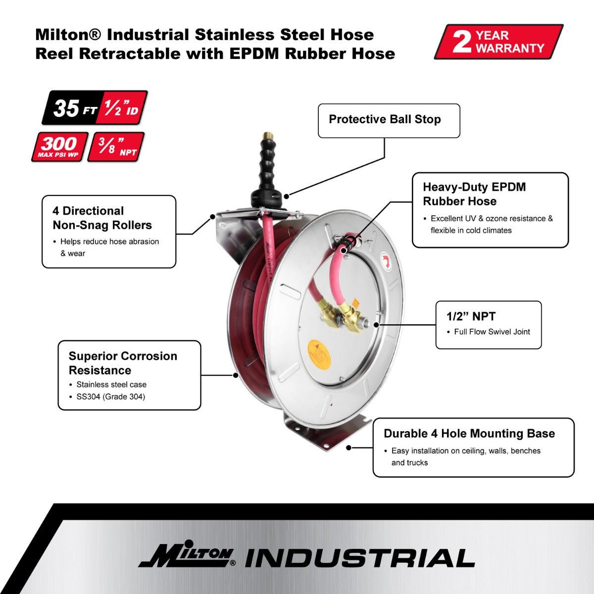 Industrial Stainless Steel Hose Reel Retractable, 1/2
