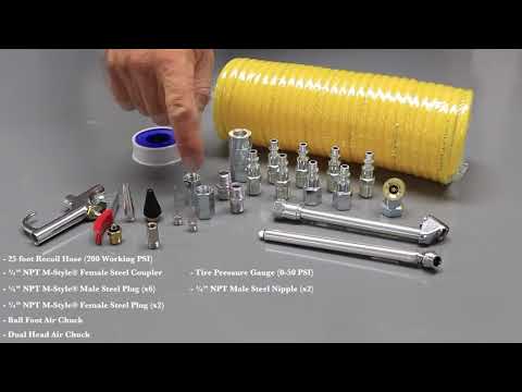 EXELAIR® Recoil Hose and Air Accessory Kit - 25' Recoil Hose, Blow Gun, 2 Chucks, Pencil Gauge, M-STYLE® Couplers/Plugs, Safety Adapter, Nozzle Tips, Inflator Needle, Hex Nipples/Couplings, and Thread Tape - 150 Max PSI (25-Piece)