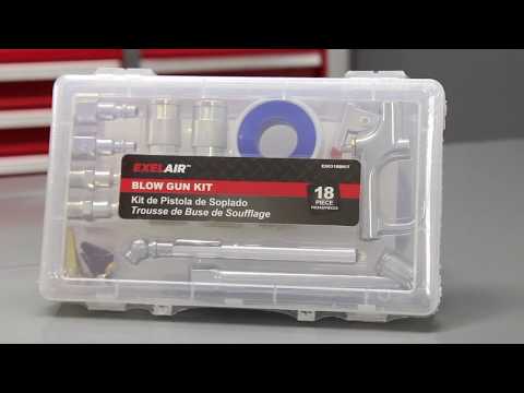 EXELAIR®  Blow Gun and Air Accessory Kit - Safety Adapter, Nozzle Tips, Inflator Needles, Dual Head Chuck, Pencil Gauge, M-Style Couplers/Plugs, Hex Nipple/Couplings, and Thread Tape - 150 Max PSI (18-Piece)