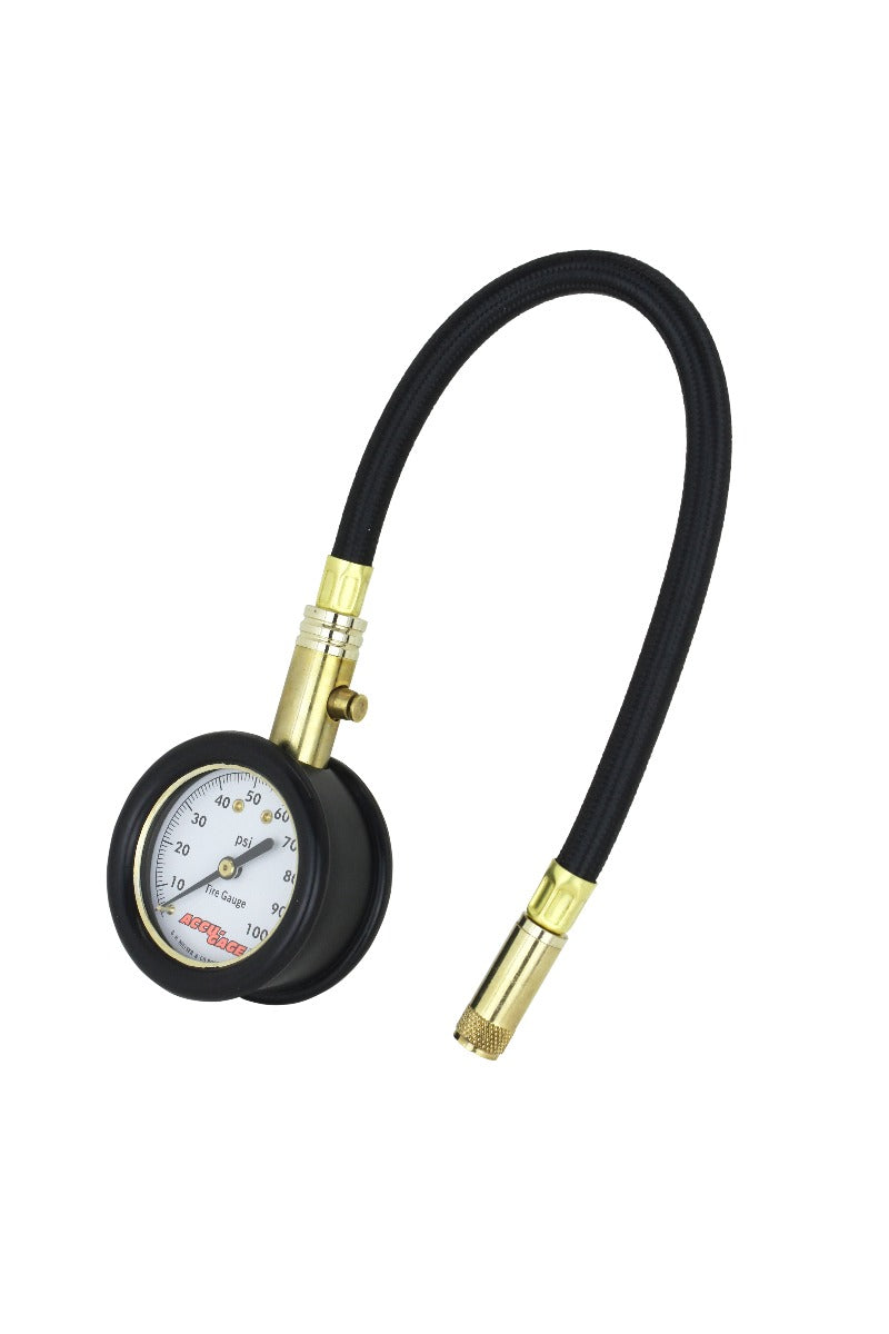 ACCU-GAGE® by Milton® Dial Tire Pressure Gauge with Straight Air Chuck and 11 in. Braided Hose - ANSI Certified for Motorcycle/Car/Truck Tires (0-100 PSI)