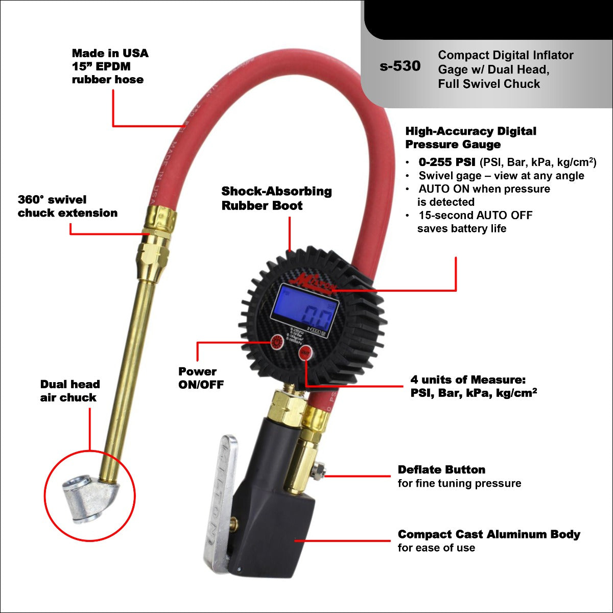 S-530 Compact Digital Tire Inflator with Pressure Gauge (255 PSI) - Air Chuck & 15