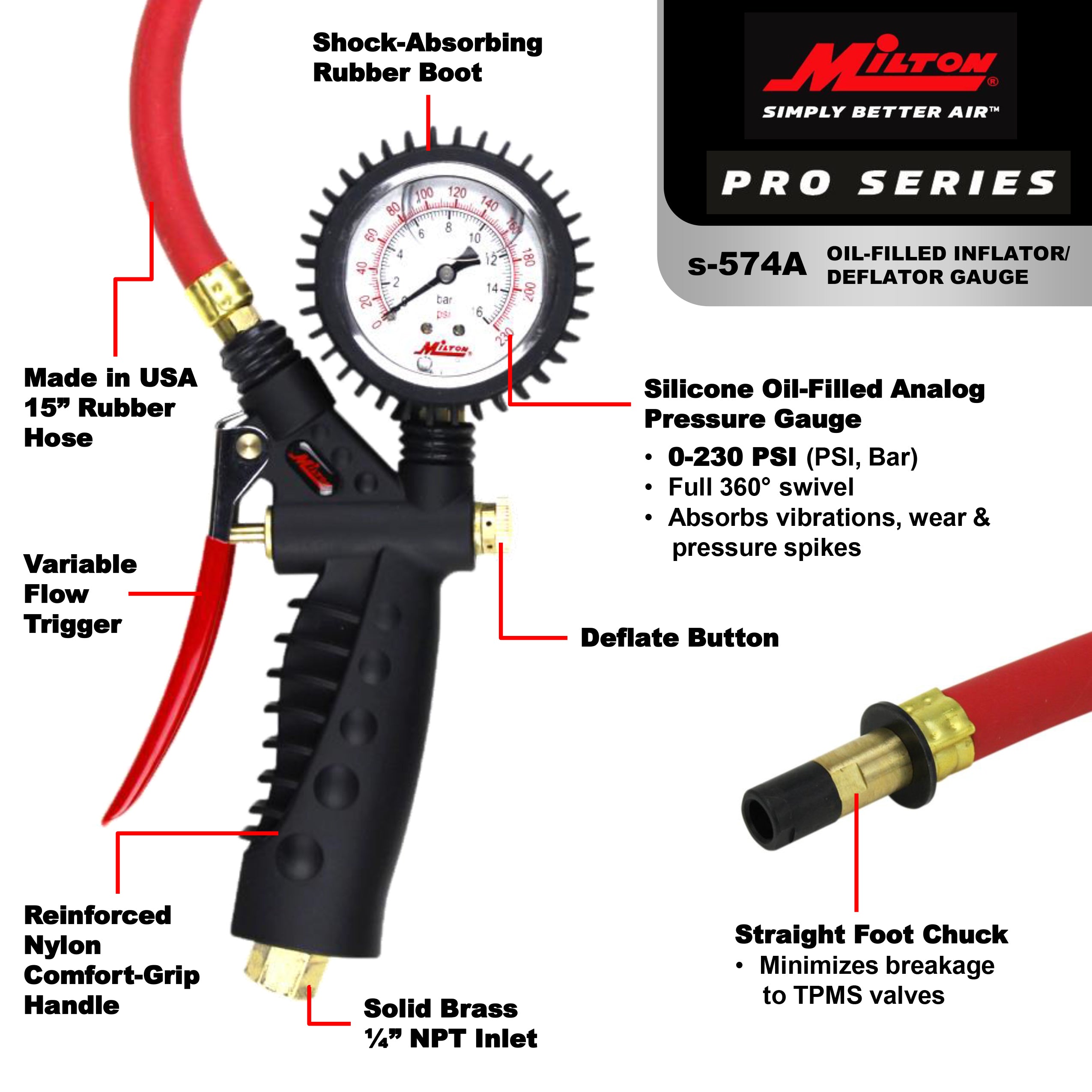 Pro Analog Tire Inflator/Pressure Pistol Grip Gauge, Straight Foot Chuck, 15