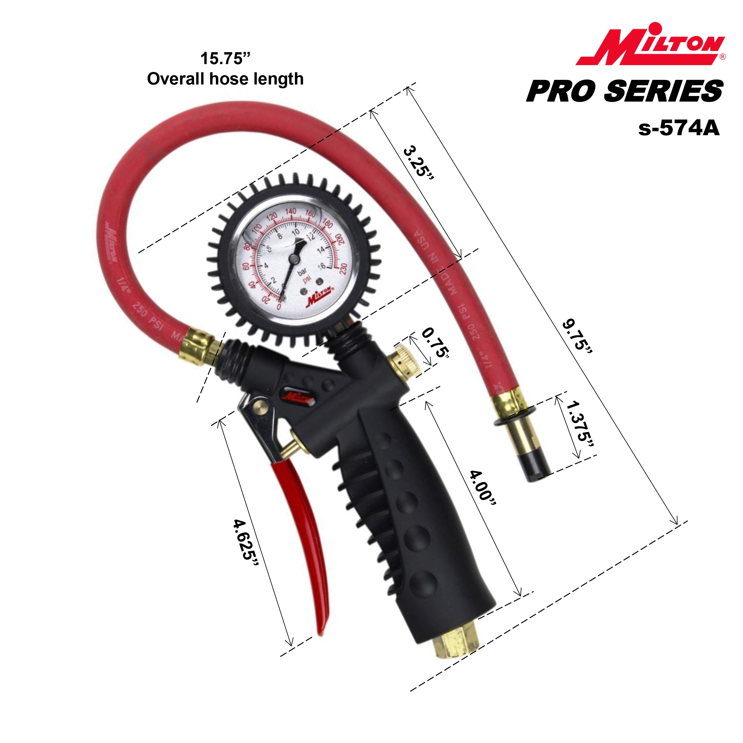 Pro Analog Tire Inflator/Pressure Pistol Grip Gauge, Straight Foot Chuck, 15
