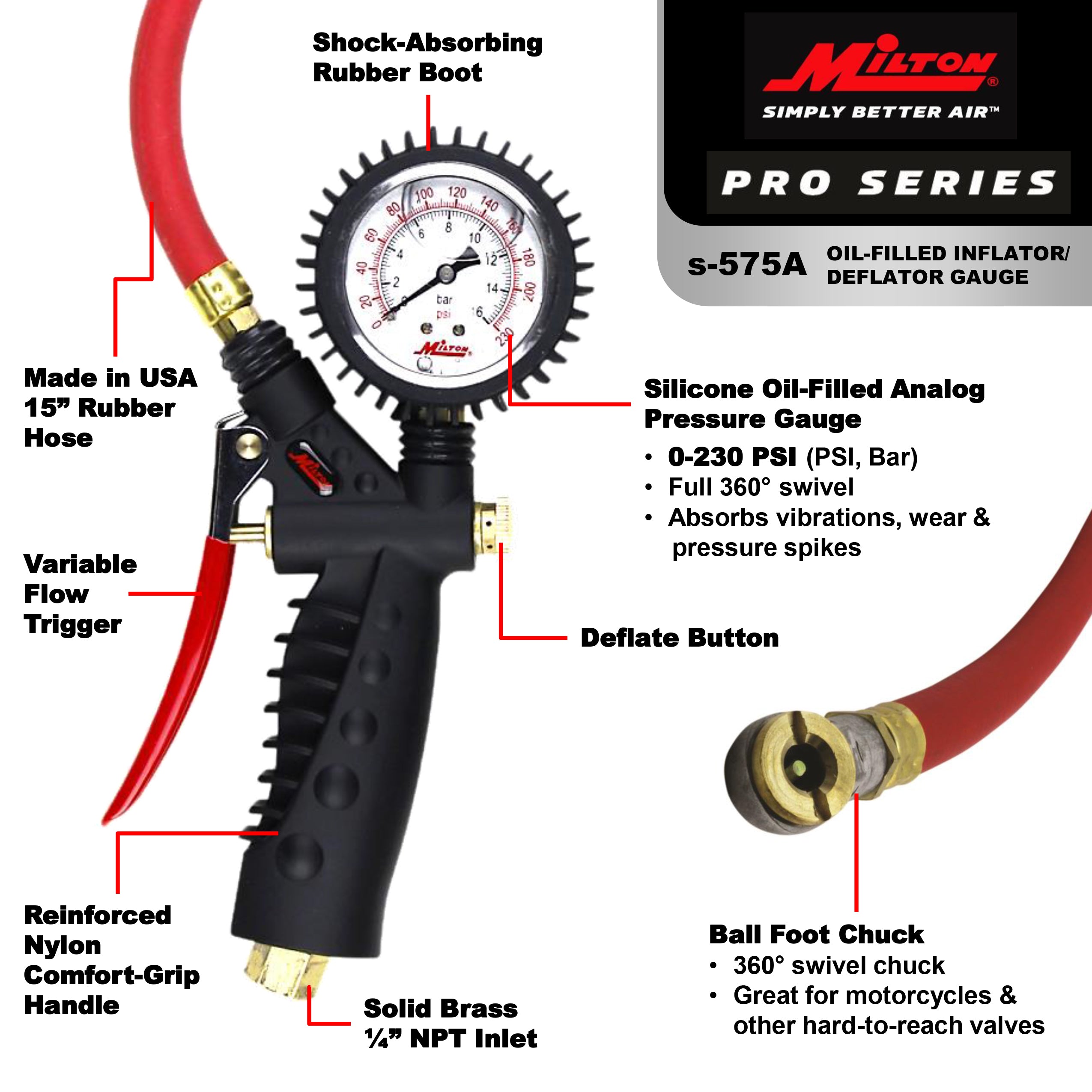 Pro Analog Tire Inflator/Pressure Pistol Grip Gauge, Ball Foot Chuck, 15