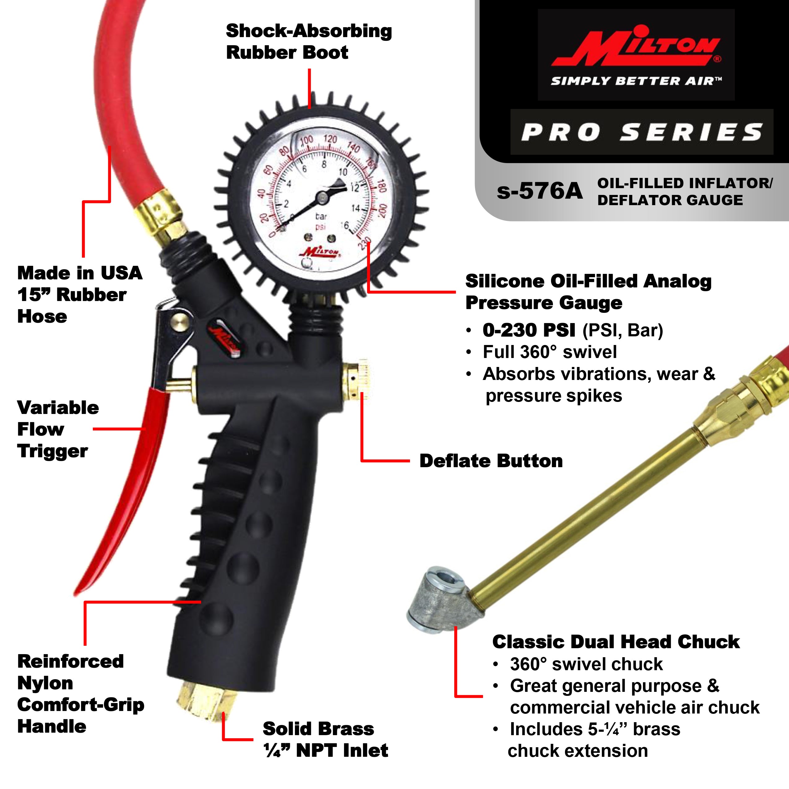 Pro Analog Tire Inflator/Pressure Pistol Grip Gauge, Classic Dual Head Chuck, 15