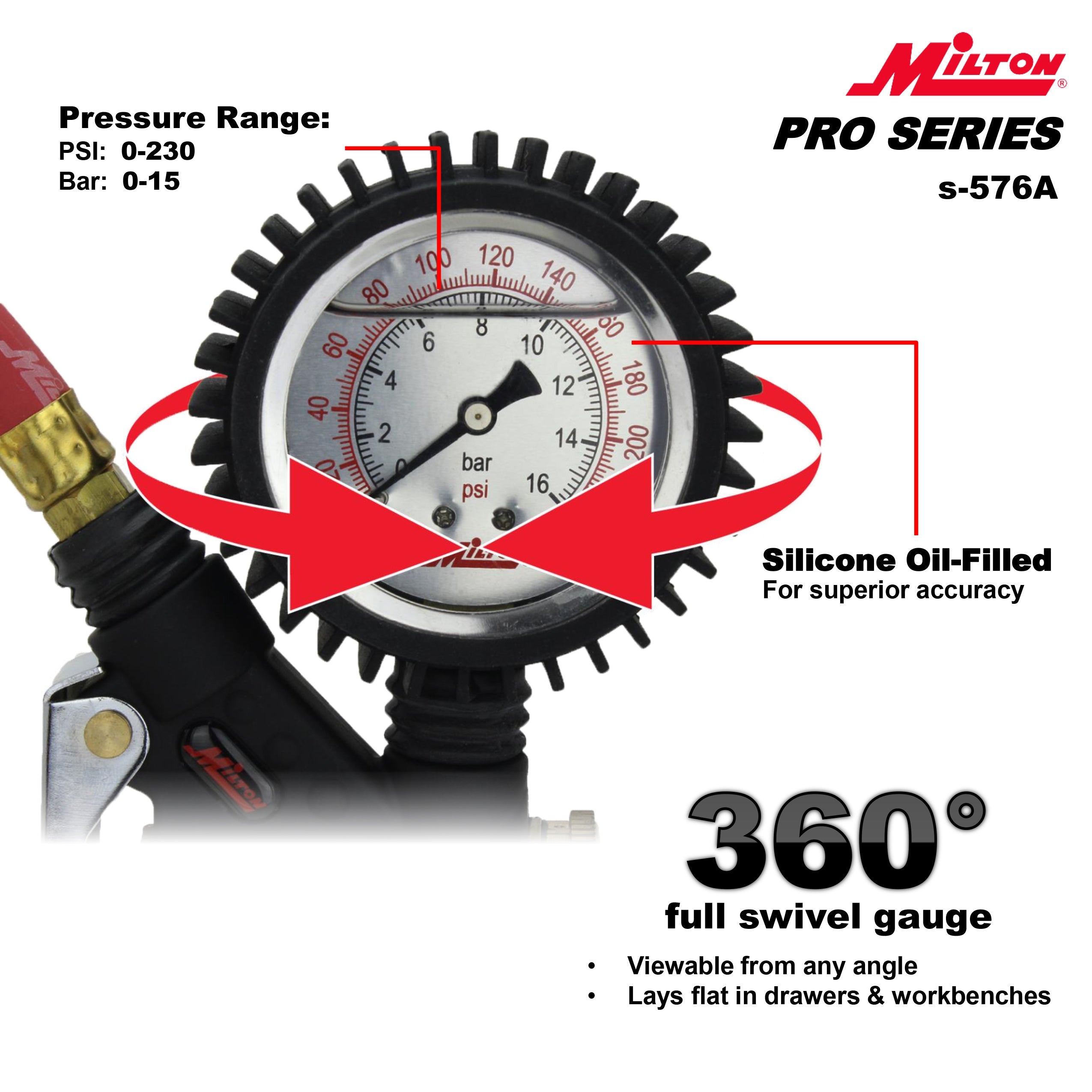 Pro Analog Tire Inflator/Pressure Pistol Grip Gauge, Classic Dual Head Chuck, 15