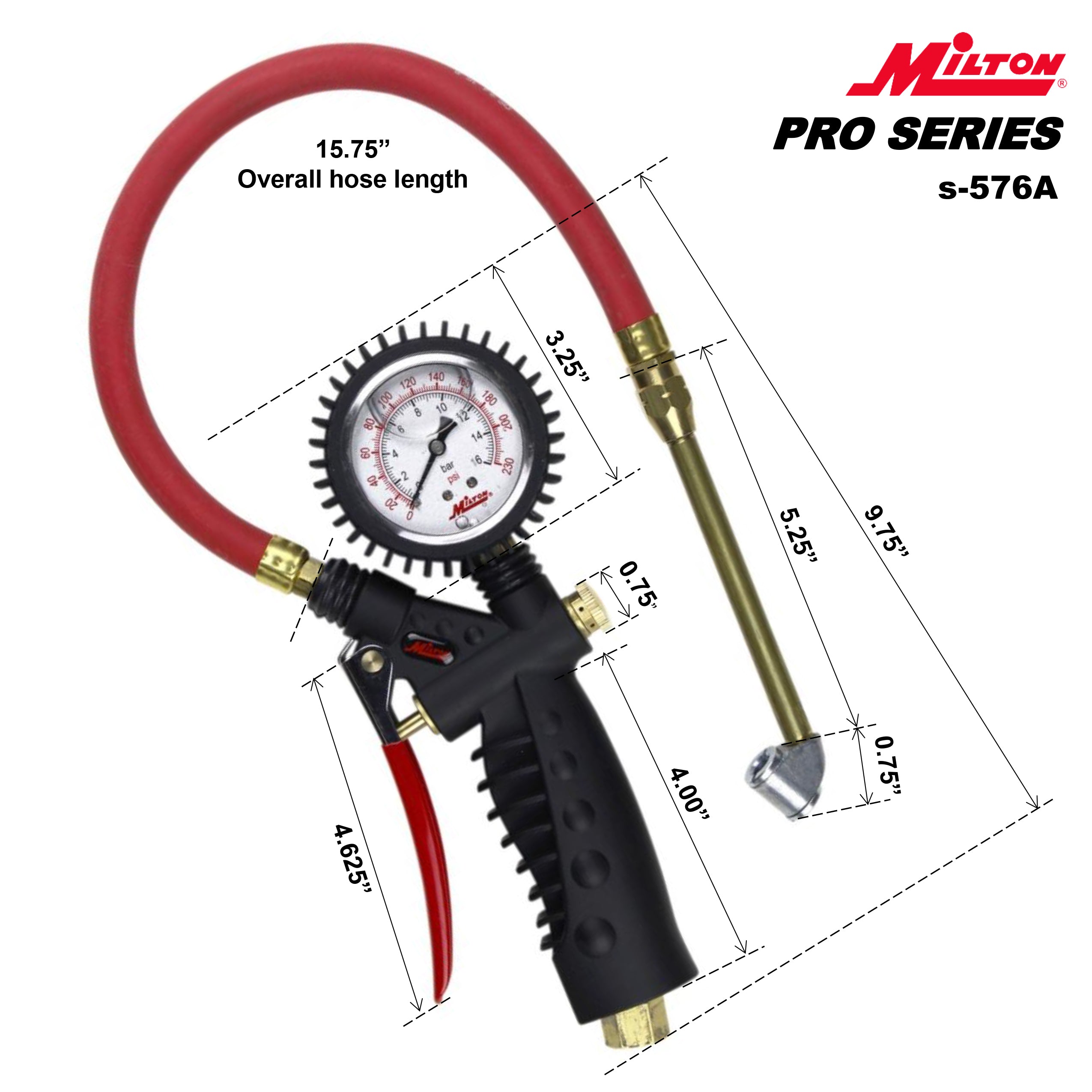 Pro Analog Tire Inflator/Pressure Pistol Grip Gauge, Classic Dual Head Chuck, 15