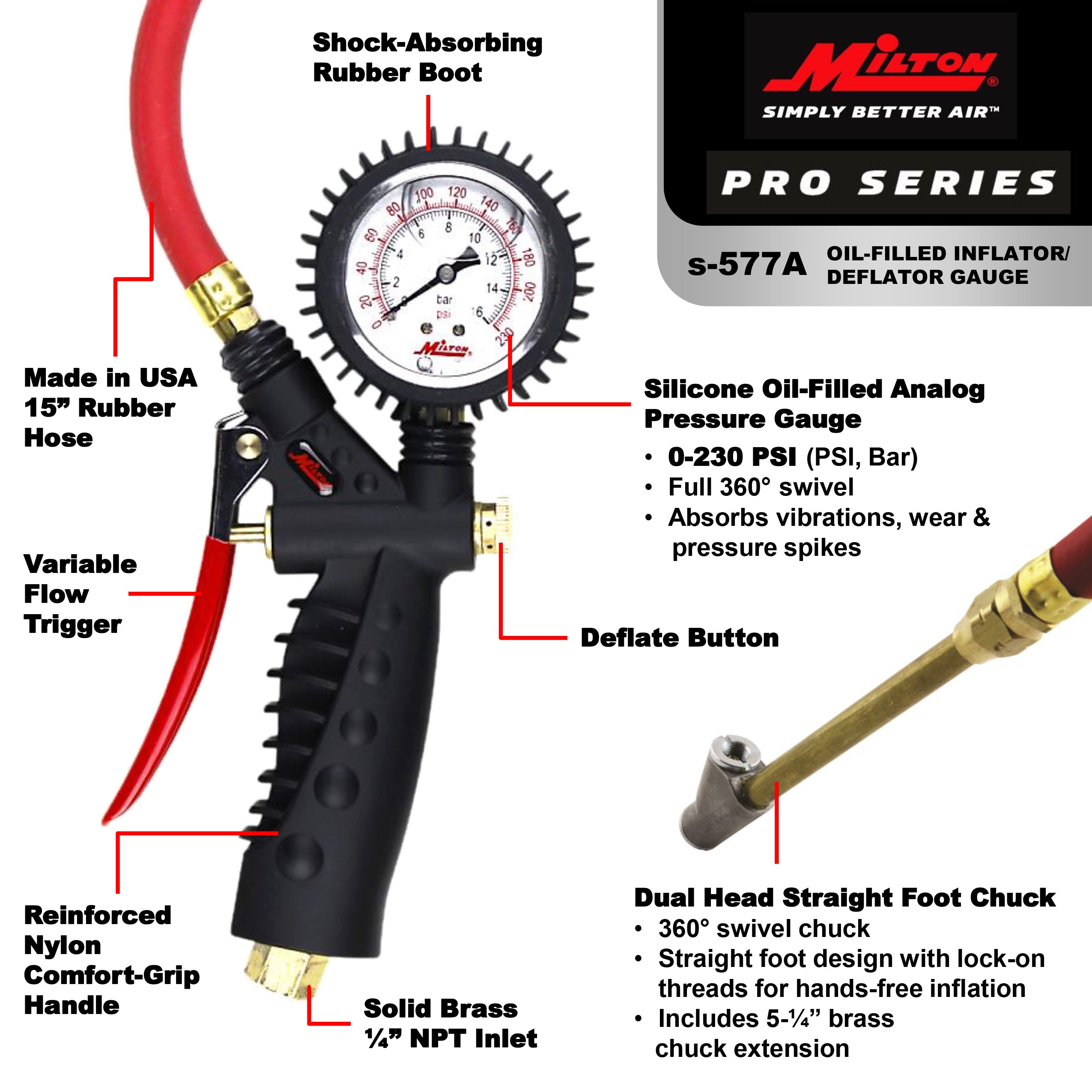 Pro Series Oil-Filled Analog Pistol Grip Tire Inflator/Deflator Pressure Gauge - Dual Head Straight Foot Chuck w/Lock-On Threads, 15