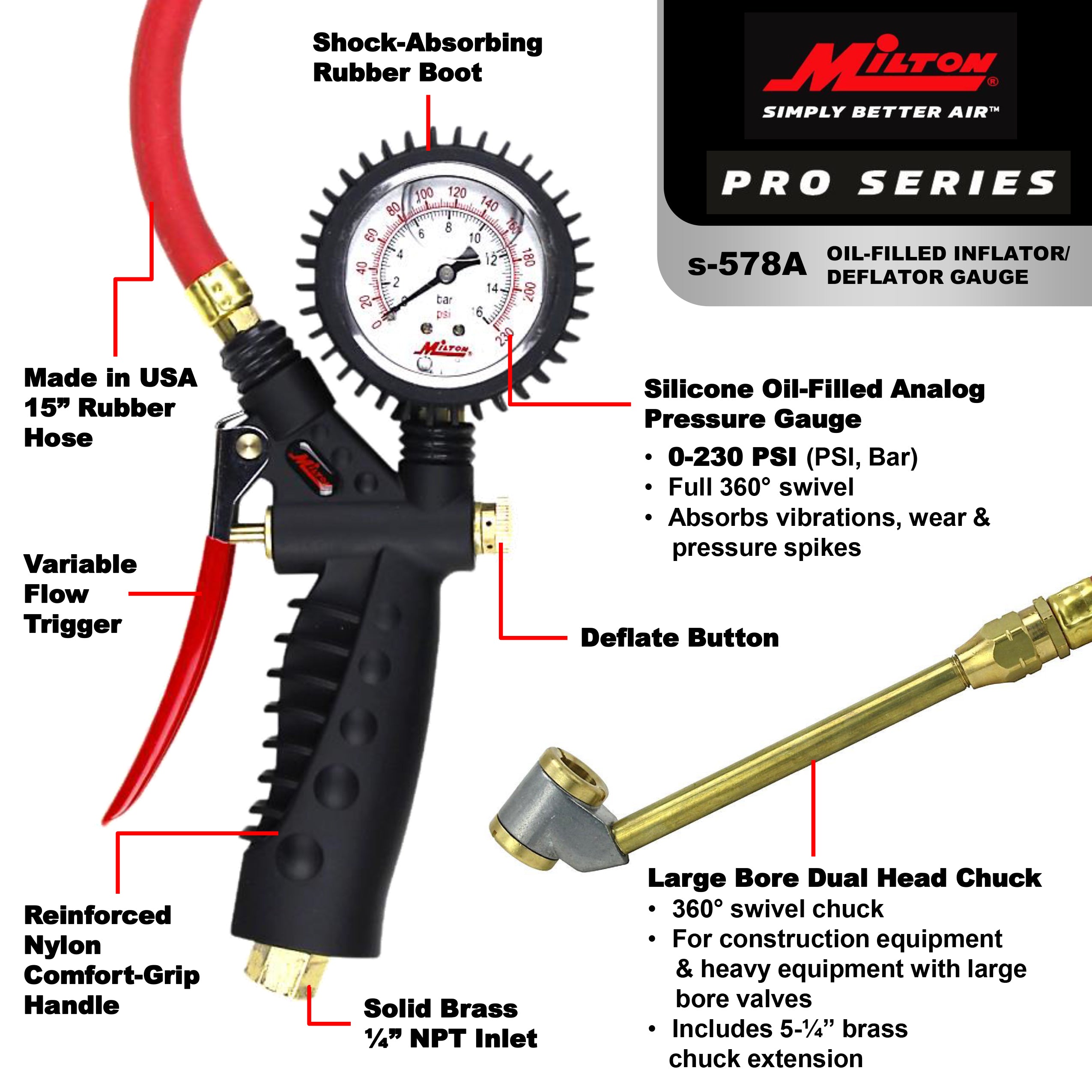 Pro Analog Tire Inflator/Pressure Pistol Grip Gauge Large Bore Dual Head Chuck, 15