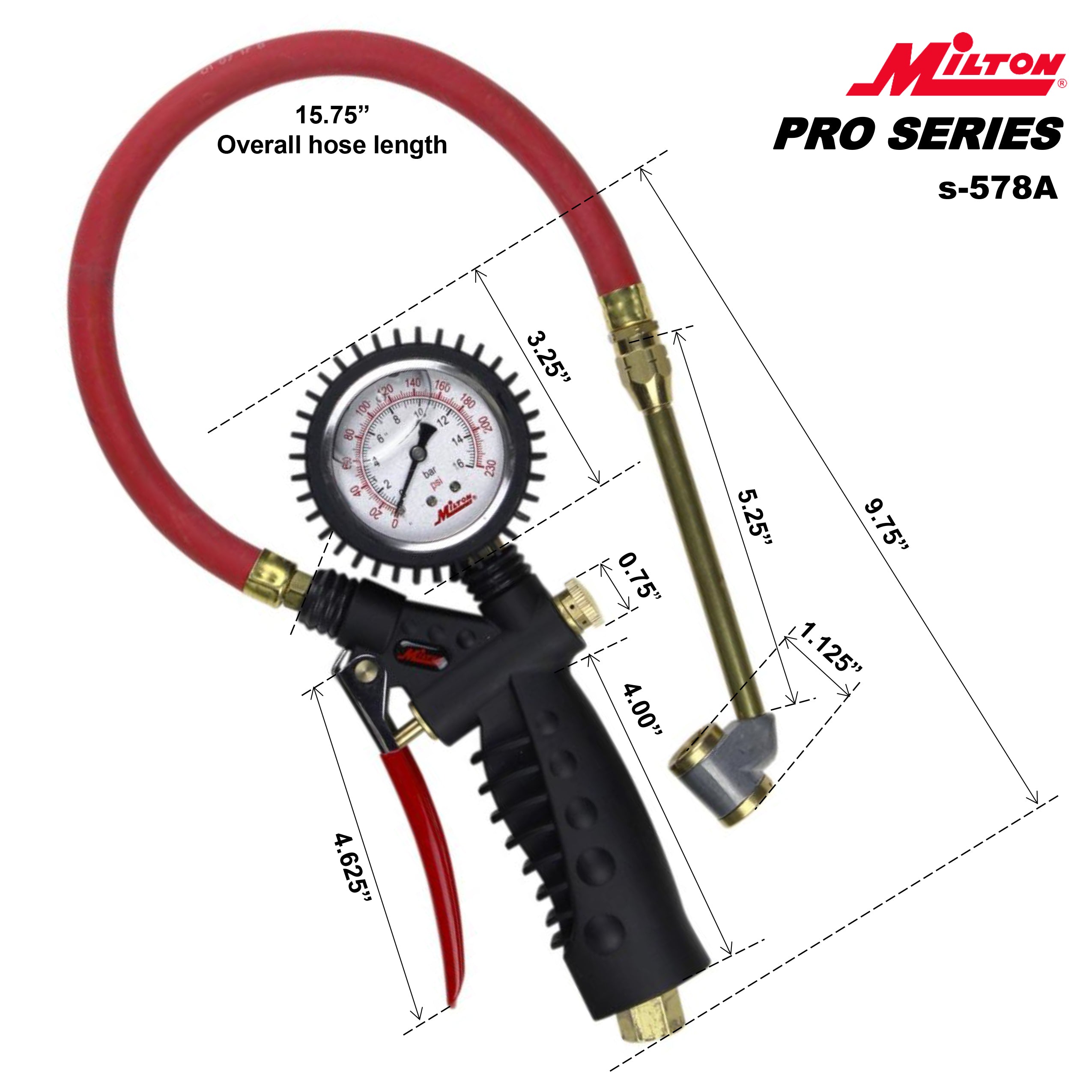 Pro Analog Tire Inflator/Pressure Pistol Grip Gauge Large Bore Dual Head Chuck, 15