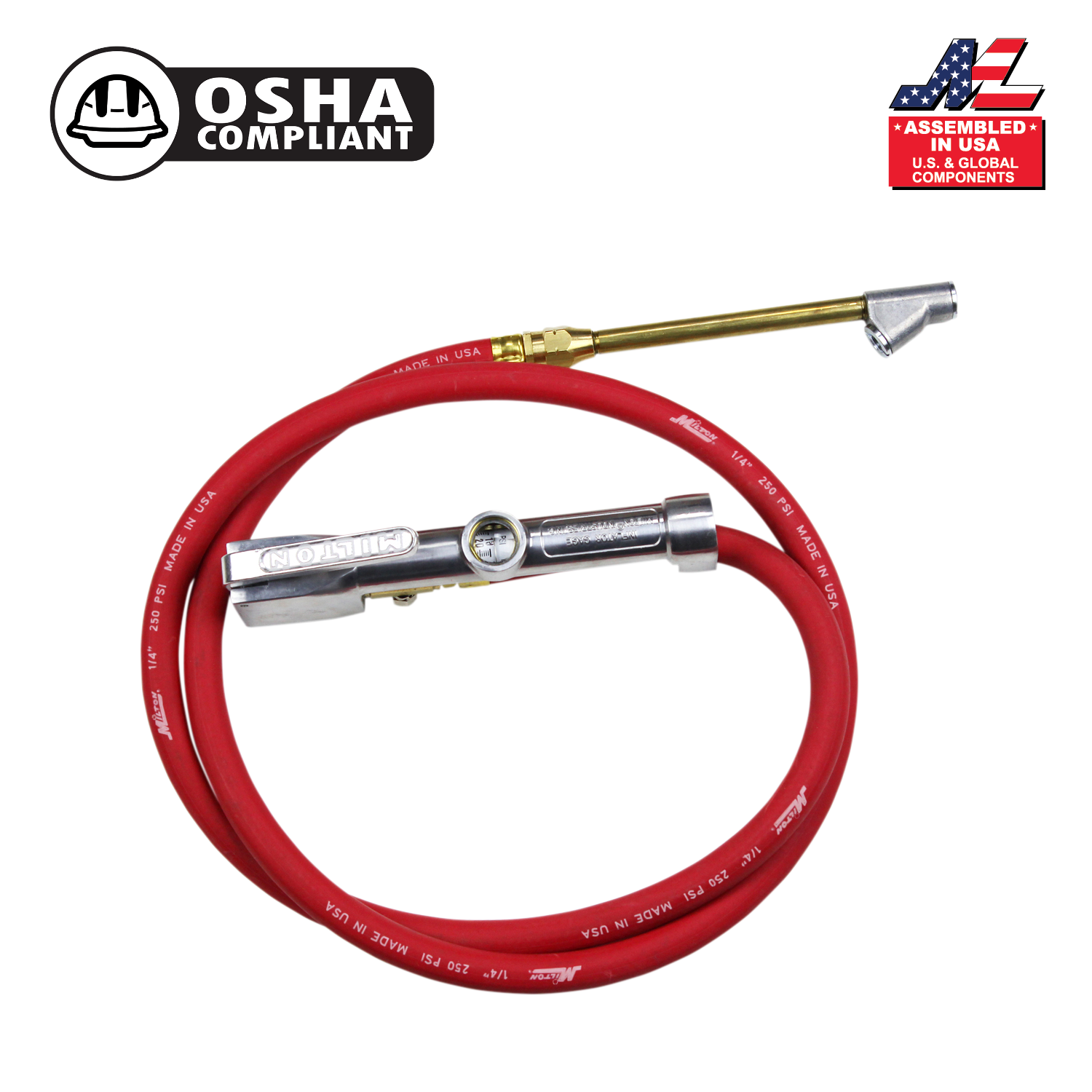 Milton® Tire Inflator Gauge with Dual-Head Straight Foot Air Chuck 5 Foot Air Hose 10-160 PSI