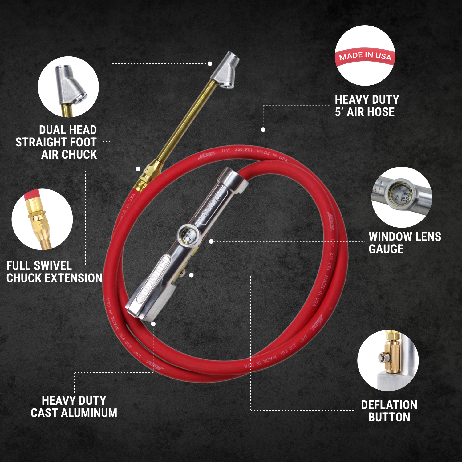 Milton® Tire Inflator Gauge with Dual-Head Straight Foot Air Chuck 5 Foot Air Hose 10-160 PSI