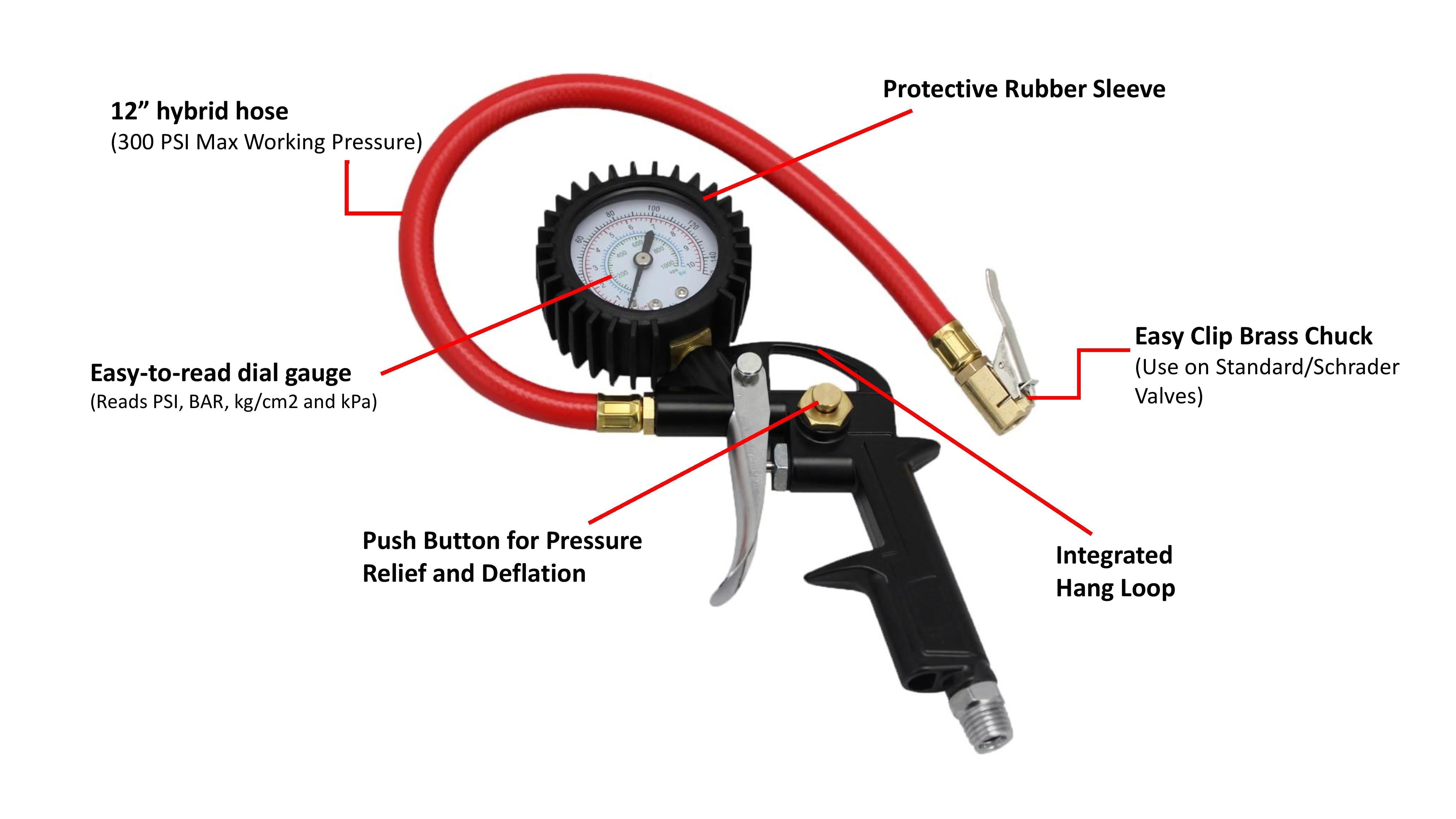 EXELAIR® Analog Pistol Grip Tire Inflator/Deflator Gauge, 13